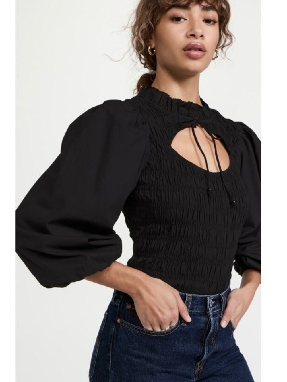 Black Smocked Puff-Sleeve Keyhole Blouse